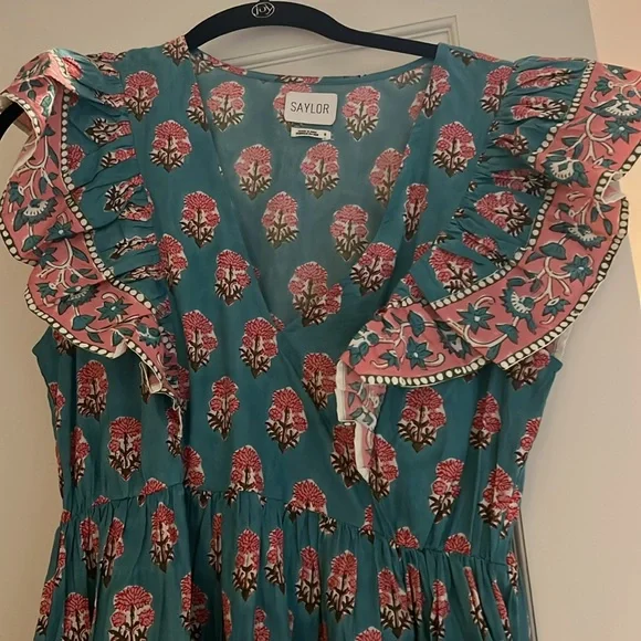 SAYLOR blue and pink block print Flutter Sleeve Sundress, size S. Worn once! - Picture 2 of 5